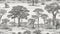 Savannah Trees African Landscape Seamless Pattern, Safari Hand Drawn Toile Print on Grey Background.