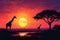 Savannah twilight Giraffes silhouette against a vibrant African sunset, vector illustration