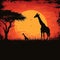 Savannah twilight Giraffes silhouette against a vibrant African sunset, vector illustration