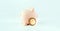 Save currency bitcoin. Pink pig bank with golden bit coin money BTC on white background. Save money investment and