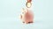 Save currency bitcoin. Pink pig bank with golden bit coin money BTC on white background. Save money investment and