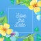 Save the Date card template with romantic summer flowers on a blue background.