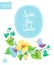 Save the Date card template with romantic summer flowers and cute bird.