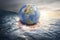 Save the earth concept globe sailing with life buoy in the sea