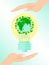 Save earth energy, people hand hold bulb with green earth vector illustration. Modern eco energy source, green ground