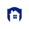 Save home logo house with window and chimney on the roof and shield symbol. Defense, security and real estate vector icon