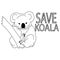 Save the koala, koala outline drawing on a branch and themed lettering, coloring page