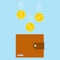 Save the money. The concept of saving and investing money. Gold coins are falling into the wallet. Vector, cartoon