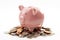 Save money, financial planning of personal finances and being thrifty concept theme with a pink piggy bank sitting on a pile of