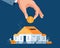 Save money for a house buying vector illustration. Businessman's hand puts the money into house piggy bank for saving