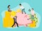 Save money people concept vector illustration. Saving dollar coin pig. Money charcters with gold cash in piggybank
