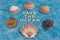 Save the ocean text on blue bakground with sea shells, act for climate change concept