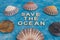 Save the ocean text on blue bakground with sea shells, act for climate change concept