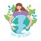 Save the planet, girl hugging earth map with leaves cartoon