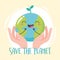 Save the planet, hands holding cartoon happy earth map