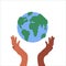 Save the planet. Hands holding globe, earth. Earth day concept. Vector illustration of icons about environmental