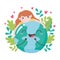 Save the planet, little girl hugging earth map leaves and hearts