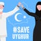 Save Uyghur vector Illustration. Uyghur peoples raising hands and broken chains