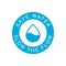 Save water logo. Blue round badge with a drop of water. Slow the flow concept.