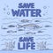 Save water - save life. Hand drawn drops, waves, leaves, fishes, corals.