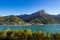 Savines-le-Lac village with the Grand Morgon and Serre-Poncon Lake in Summer. Alps, France