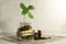Saving. Glass jar with coins and a plant on the table and several coins nearby. The concept of finance and investment.