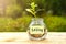 Saving. Glass jar with coins, on a wooden table, on a natural background. High quality photo