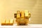 Saving gold, Golden piggy banks and have gold bars with stack of coins money on yellow background, Business investment and Saving