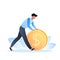 Saving and investing money. A man holds in hands a dollar coin, vector illustration for web design