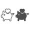 Saving love line and glyph icon. Piggy bank and heart vector illustration isolated on white. Hand putting heart in pig