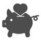 Saving love solid icon. Piggy bank and heart vector illustration isolated on white. Hand putting heart in pig glyph