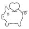 Saving love thin line icon. Piggy bank and heart vector illustration isolated on white. Hand putting heart in pig