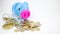 Saving money for education, pink piggy bank with many coin on de