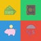 Saving money icons set piggy bank, safe, umbrella, dollar. Business and finance color vector illustration.