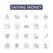 Saving money line vector icons and signs. Thrifty, Economizing, Saving, Investment, Budgeting, Bargaining, Avoiding