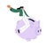 Saving money in piggy bank, box. Happy rich wealthy woman riding big piggybank, moneybox. Financial deposit, wealth