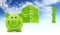 Savings concept, piggy bank with house shape and puzzle symbols, isolated on sky background, infographic for green buildings and