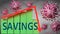 Savings and Covid-19 virus, symbolized by viruses and a price chart falling down with word Savings to picture relation between the