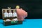 Savings with homeopathy - Bottles of homeopathic medicine in old wooden box with Indian 10 rupee coin on pink piggy bank on blue