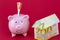 Savings and investment - Piggy bank, money house on raspberry color background