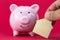 Savings and investment - Piggy bank, wood house on raspberry color background