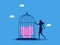 Savings and investments. woman locks piggy bank in a cage. business concept
