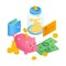 Savings money concept illustration in isometric 3D design. Piggy bank, jar of money, cash, coins, wallet with money