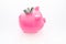 Savings. Moneybox in shape of pig with banknotes falling into it on white background space for text