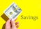 SAVINGS Text Female hand holding dollars close up. Money currency. Online shopping. Giving money. Business budget of