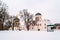 The Savior Transfiguration Cathedral of Chernihiv and Borys and Hlib Cathedral behind the tree branches