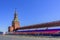 The Saviour Tower of the Moscow Kremlin and the tribune on the Red Square the day after the victory parade. MOSCOW, Russia