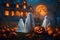 Savor a Charming Halloween Night with Cute and Creepy Ghosts, Abundant Pumpkins, and an Orange Moonlit Background