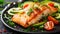 Savor the culinary harmony of perfectly grilled salmon and a refreshing salad, a delightful and wholesome combination, Ai