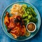 Savor a delicious chicken BBQ feast on a vibrant plate